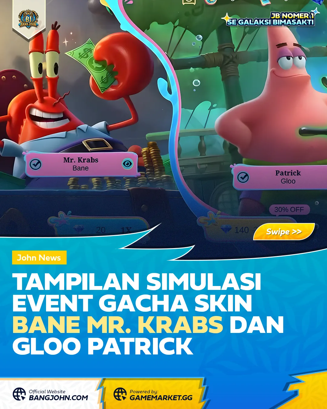 Tampilan Simulasi Event Gacha Skin Bane Mr. Krabs dan Gloo Patrick
